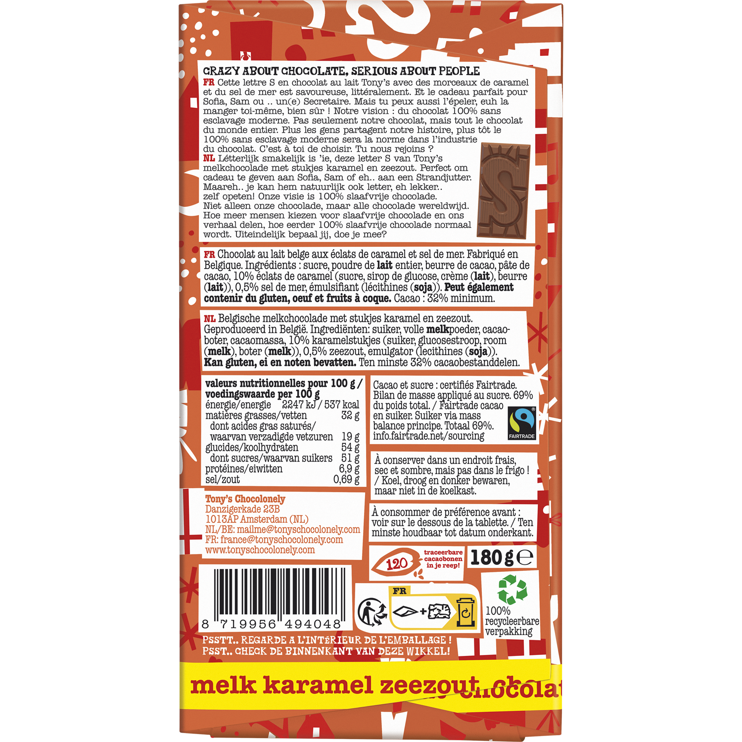 letterreep S melk karamel zeezout-Tony’s Chocolonely Belgium