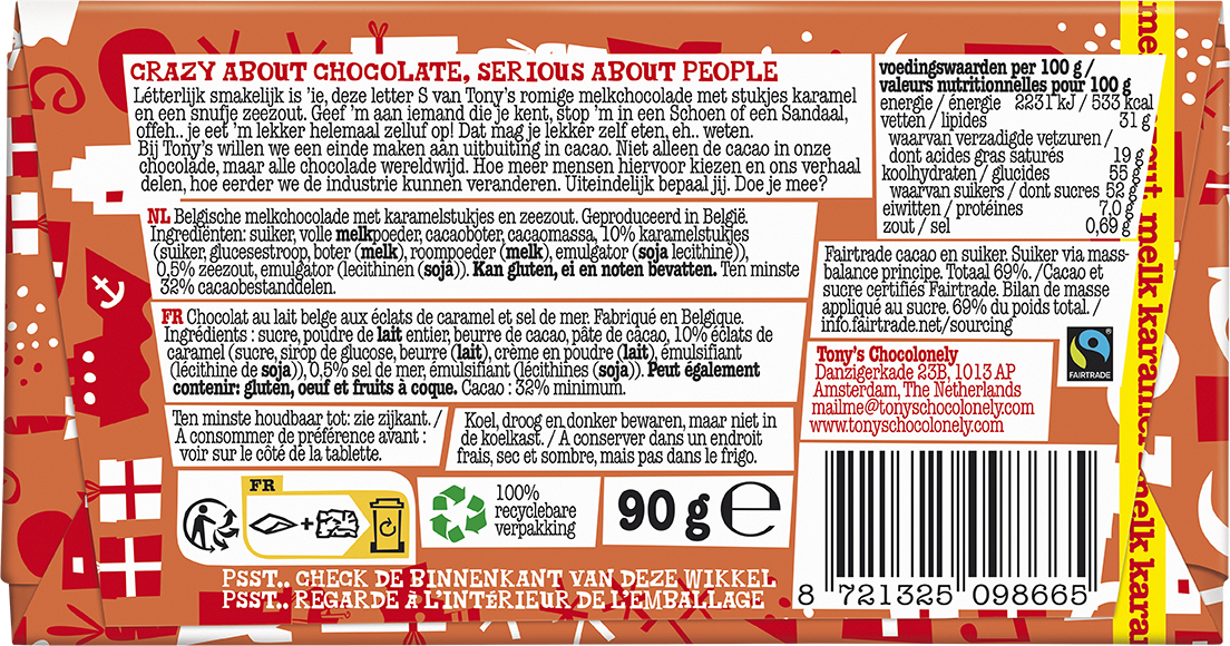 Lettre en chocolat S caramel au lait et sel marin, 90g
