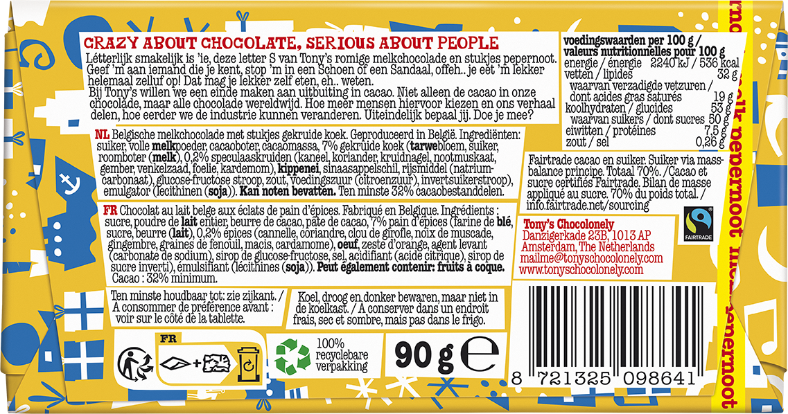 Chocolat en forme de lettre S, pain d'épices, 90gr